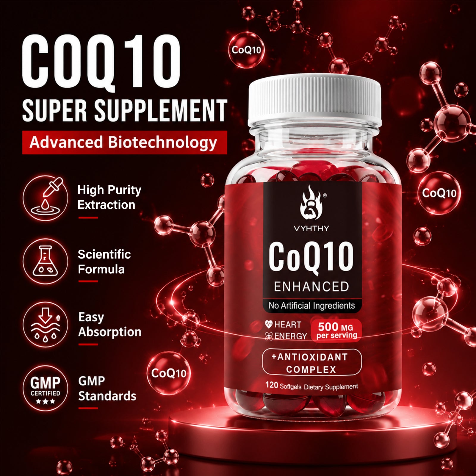 VYHTHY High Absorption Ubiquinone CoQ10 500mg Complex Supplement with Bergamot, Trans-Resveratrol, Turmeric Extract | GMP Certified Heart & Cellular Energy Support, 120 Softgels No Artificial Ingredients
