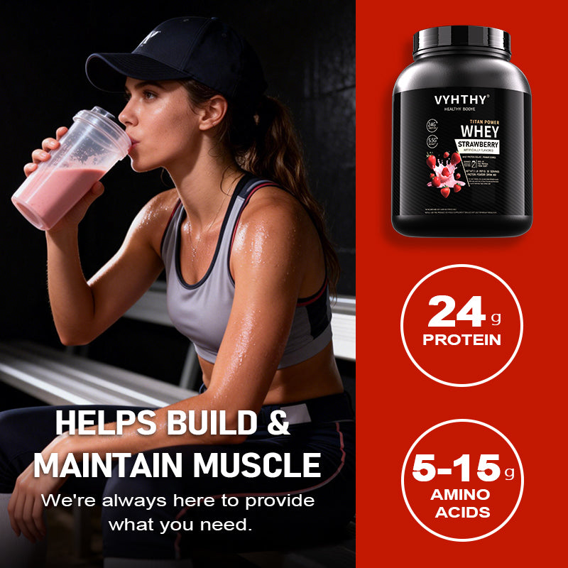 VYHTHY Strawberry Flavored Whey Protein Powder - 24g Protein per Serving - Suitable for pre- and Post-Workout Supplementation - Low Lactose, Gluten-Free, Natural Flavor (56 oz) - 52 Servings