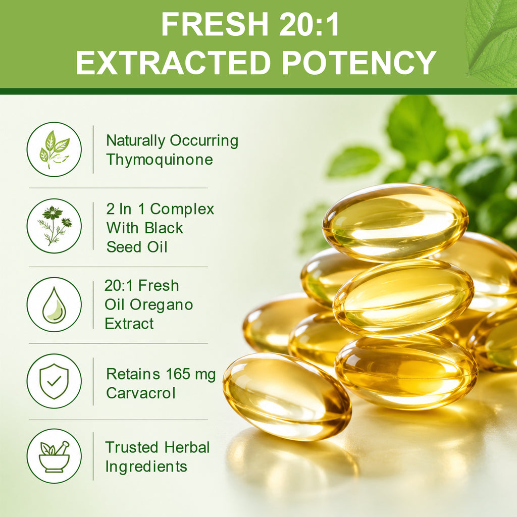VYHTHY Oil of Oregano Softgels 6000mg Per Serving with 200mg Black Seed Oil, 20:1 High Extract with Carvacrol & Thymoquinone, Supports Immune & Skin Health, 120 Softgels