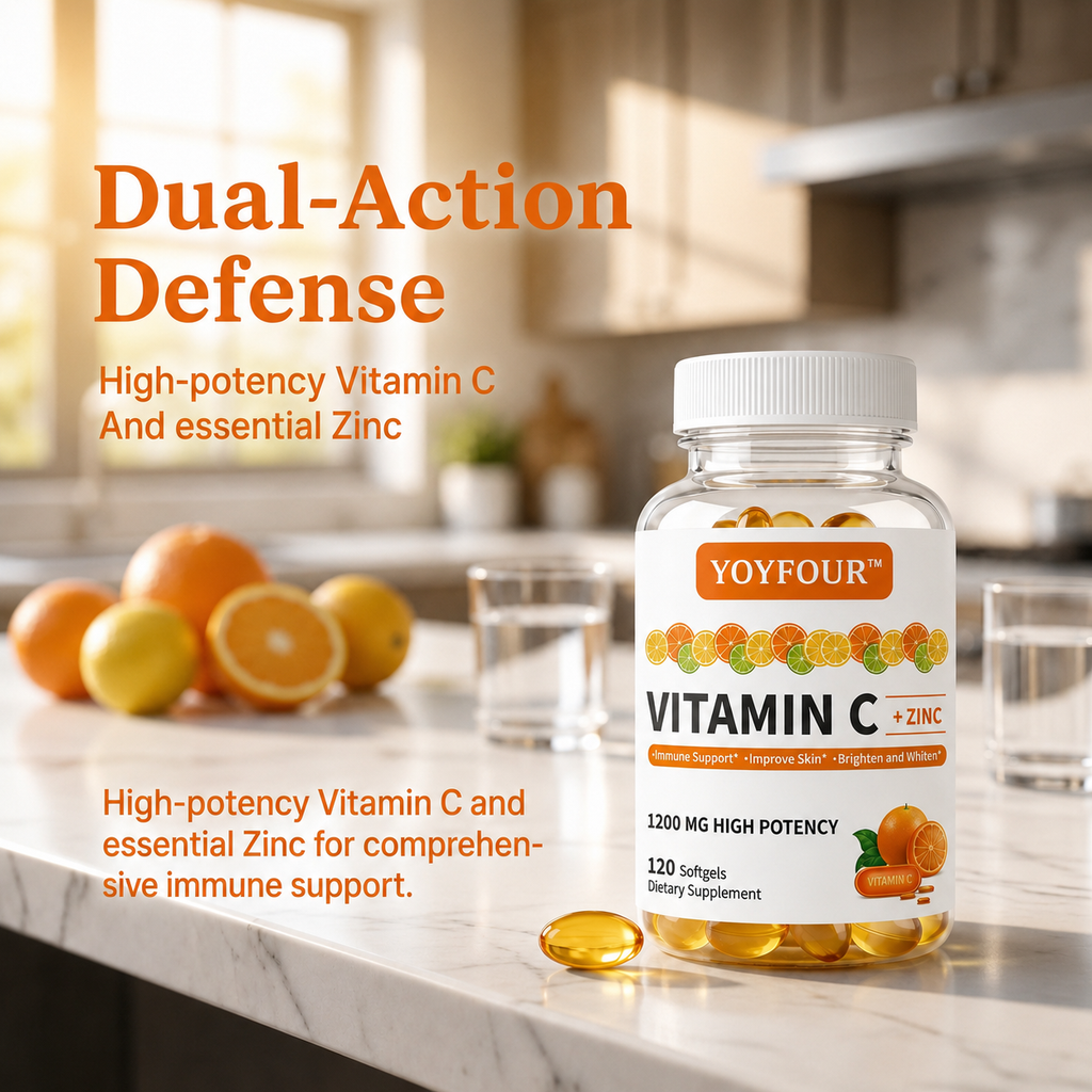 YOY Four Vitamin C with Zinc Supplement Softgels, 1200mg Vitamin C & 20mg Zinc Per Serving, Immune Support & Antioxidant Health, 120 Softgels