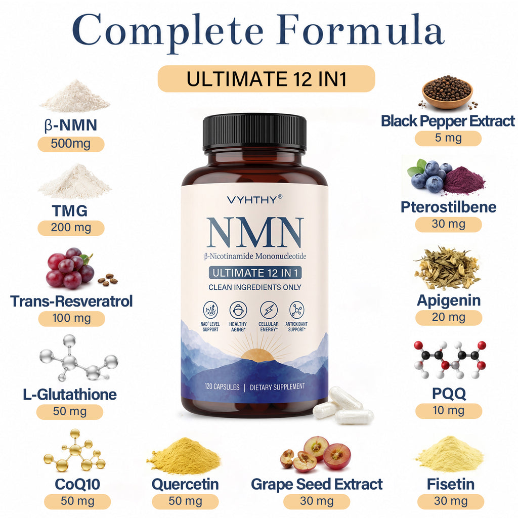 VYHTHY Liposomal Enhanced β-NMN 500mg Per Serving 12-in-1 Complex with Resveratrol, TMG, Glutathione & PQQ | Max Absorption NAD+ Booster for Healthy Aging & Mitochondrial Function, 120 Vegetarian Capsules