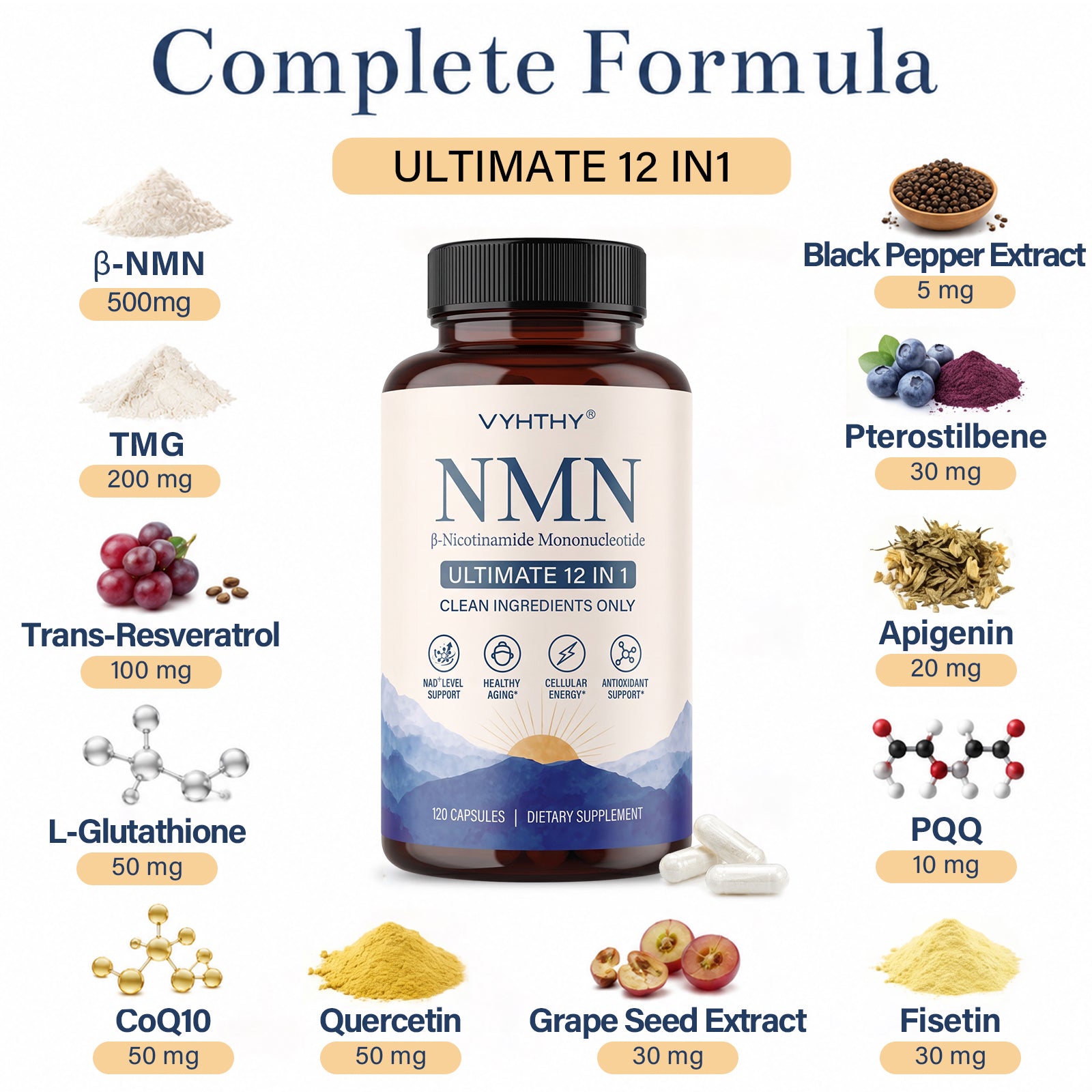 VYHTHY Liposomal Enhanced β-NMN 500mg Per Serving 12-in-1 Complex with Resveratrol, TMG, Glutathione & PQQ | Max Absorption NAD+ Booster for Healthy Aging & Mitochondrial Function, 120 Vegetarian Capsules