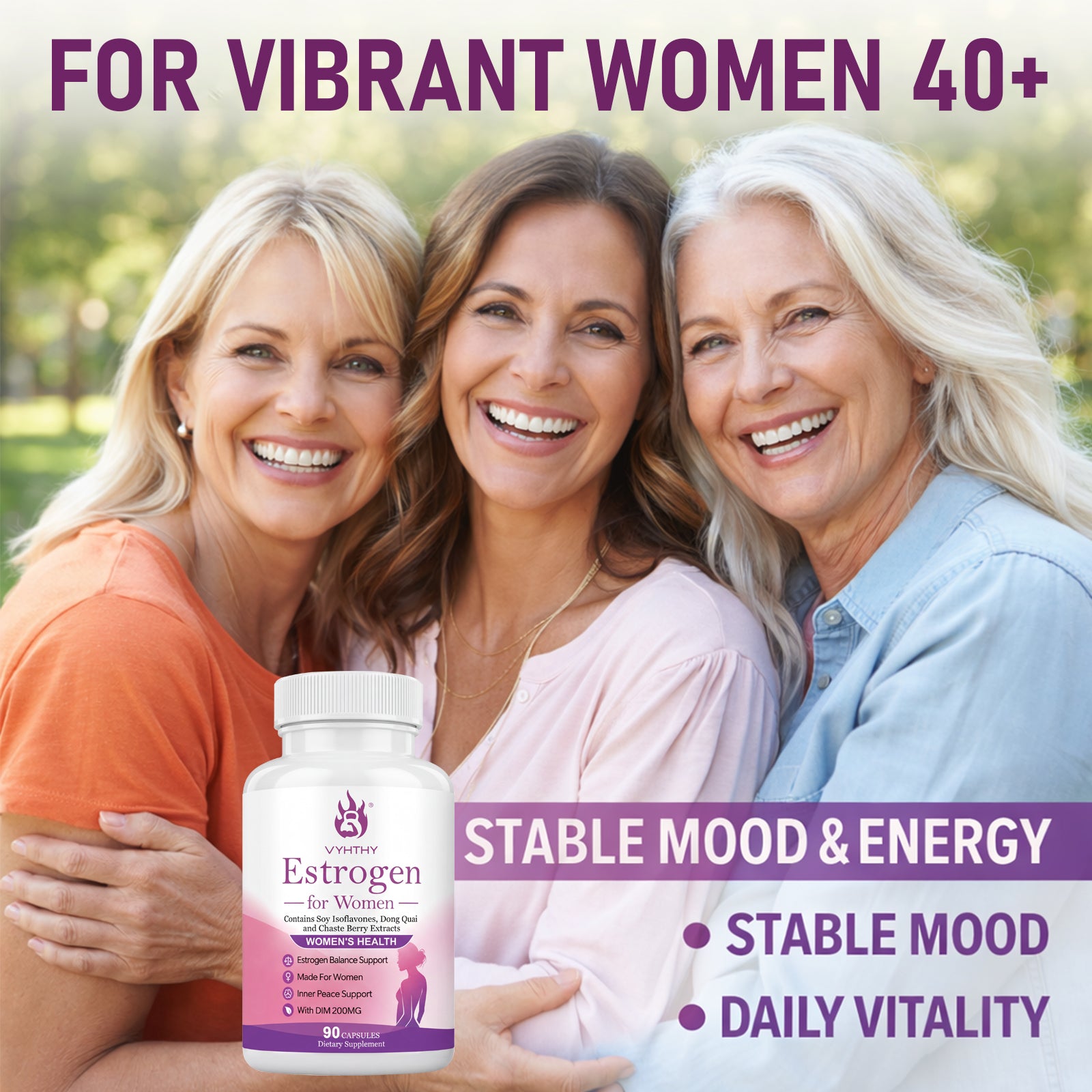 VYHTHY Natural Hormone Balance Estrogen Supplement for Women Over 40 | 200MG DIM Complex with Soy Isoflavones, Dong Quai, Chaste Berry & Norway Spruce, Support Menopause Comfort, Stable Mood & Daily Vitality, 90 Vegetarian Capsules
