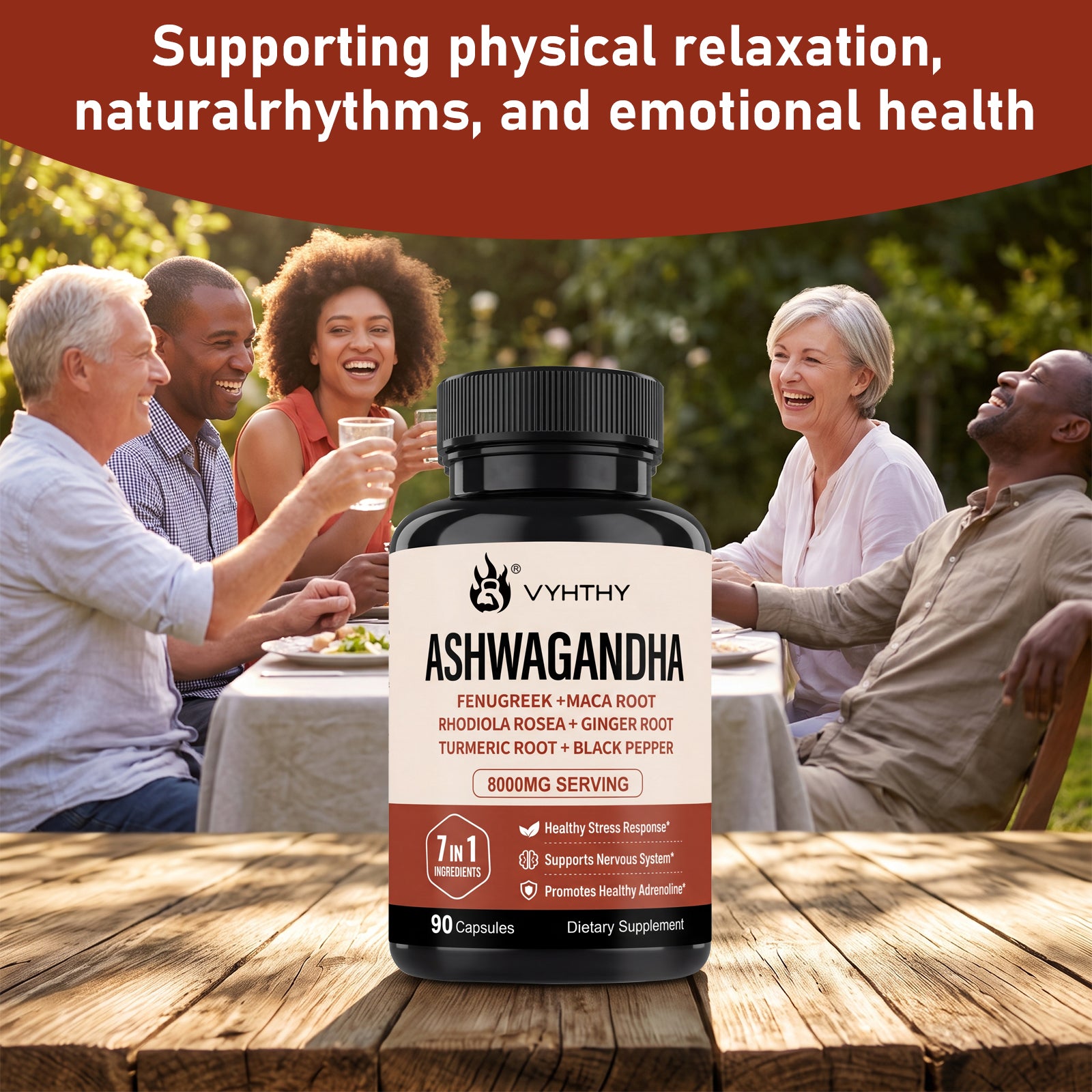VYHTHY High Potency Ashwagandha Root Extract 7-in-1 Adaptogen Complex, Equivalent 8000MG Per Serving, Natural Stress Relief, Adrenal & Nervous System Support for Men & Women, 90 Vegetarian Capsules