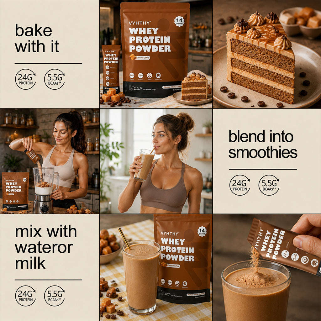 VYHTHY Caramel Coffee Whey Protein Powder Single Serve Packets, 24g Protein & 5.5g BCAAs Per Packet, Zero Added Sugar Portable Post-Workout Muscle Recovery Supplement, 14 Individual Packets Per Bag