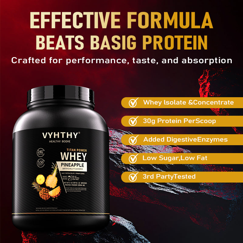 VYHTHY Pineapple Flavored Whey Protein Powder - 24g Protein per Serving - 5.5g branched-Chain Amino acids, Less Than 120 Calories, Gluten-Free, Low-Sugar Protein, (36 oz) - 30 Servings