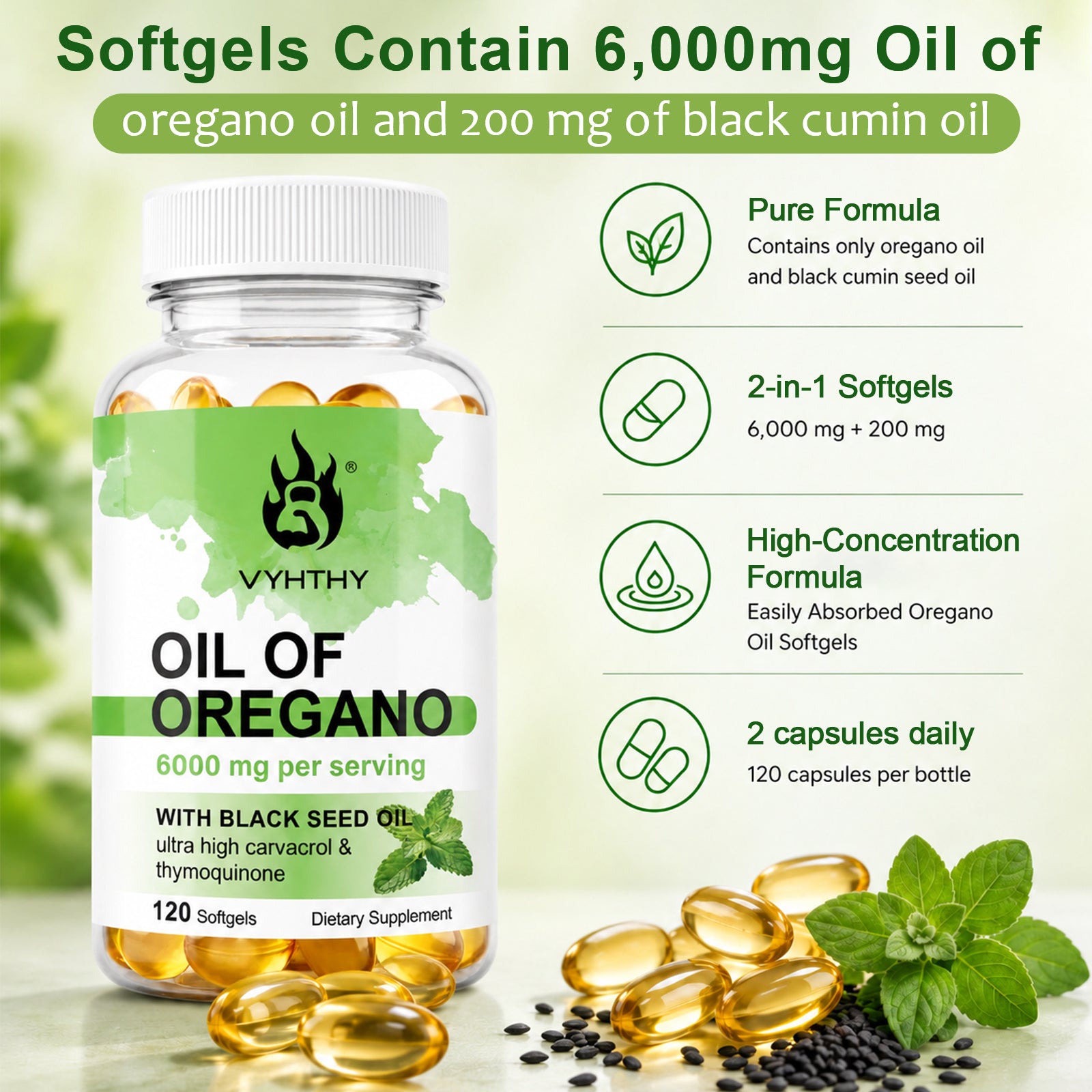 VYHTHY Oil of Oregano Softgels 6000mg Per Serving with 200mg Black Seed Oil, 20:1 High Extract with Carvacrol & Thymoquinone, Supports Immune & Skin Health, 120 Softgels