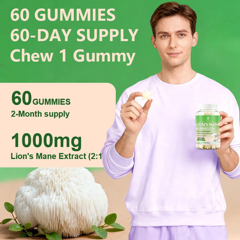 VYHTHY Mushroom Gummies, Natural Berry Flavor - Mushroom Supplement Gummies For Adults And Children Support Brain Health, Cognitive Function, Focus, Memory, And Mood, 60 Servings