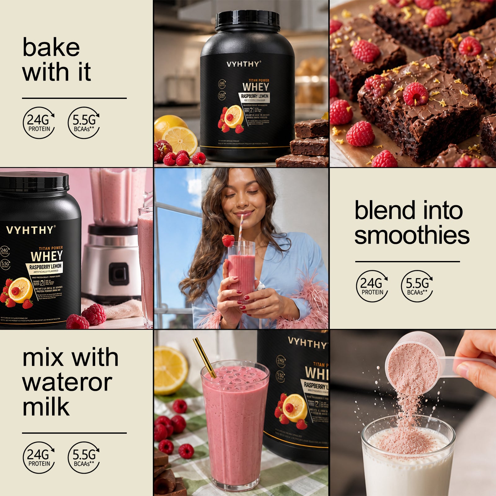 VYHTHY Premium Whey Isolate Concentrate Protein Powder, Raspberry Lemon Flavor with 5.5g BCAA, Low-Cal Low-Fat Formula for Muscle Recovery, Fitness & Everyday Meal Replacement, 30 Servings 2LB