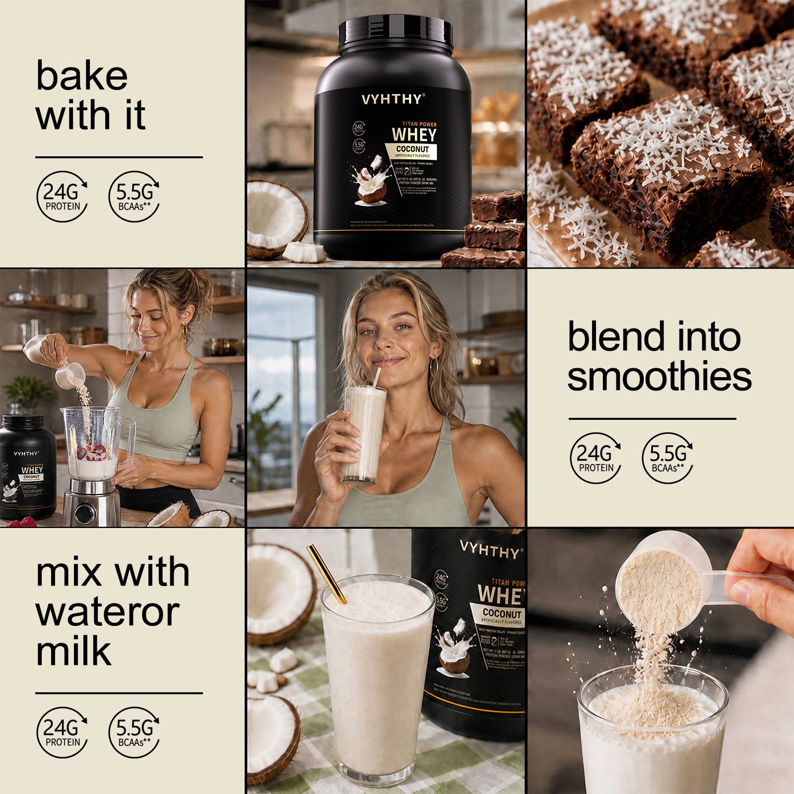 VYHTHY Titan Power Coconut Whey Protein Powder, 24g Protein & 5.5g BCAAs Per Scoop, Zero Added Sugar Post-Workout Muscle Recovery Supplement, 2LB 30 Servings Tub
