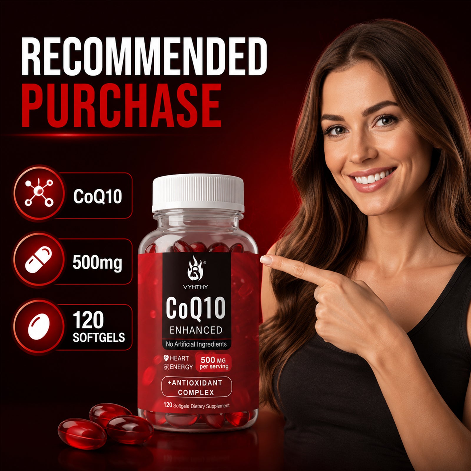 VYHTHY High Absorption Ubiquinone CoQ10 500mg Complex Supplement with Bergamot, Trans-Resveratrol, Turmeric Extract | GMP Certified Heart & Cellular Energy Support, 120 Softgels No Artificial Ingredients