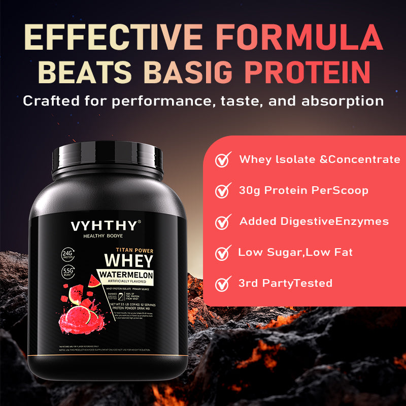 VYHTHY Watermelon Flavored Whey Protein Powder - 24g Protein per Serving - Suitable for pre- and Post-Workout Supplementation - Low Lactose, Gluten-Free, Natural Flavor (56 oz) - 52 Servings