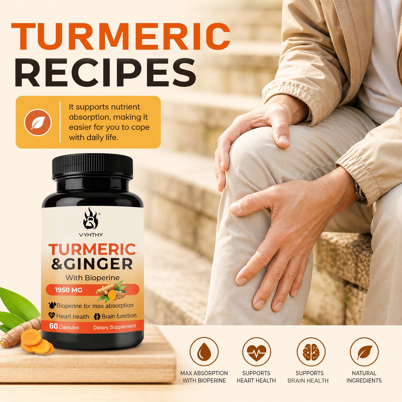 VYHTHY Turmeric Ginger Supplement with Bioperine, 1950mg Per Serving, 95% Curcuminoids Extract, Supports Joint Comfort, Heart & Brain Health, Immune Support, Easy-to-Swallow Vegan Capsules, 60 Count