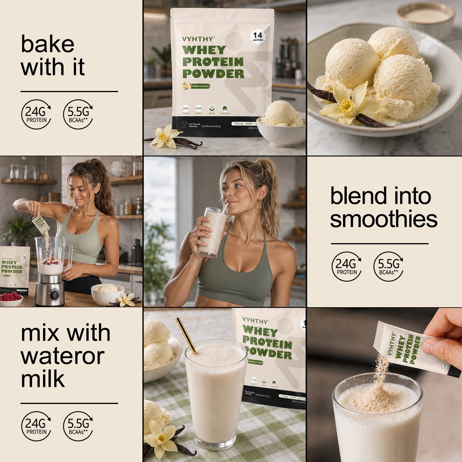 VYHTHY Vanilla Ice Cream Whey Protein Powder Single Serve Packets, 24g Protein & 5.5g BCAAs Per Packet, Zero Added Sugar Portable Post-Workout Muscle Recovery Supplement, 14 Individual Packets Per Bag