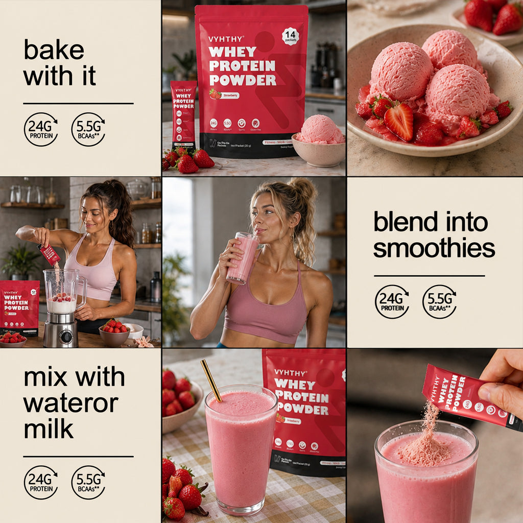 VYHTHY Strawberry Whey Protein Powder Single Serve Packets, 24g Protein 5.5g BCAAs Per Packet, Zero Added Sugar On-The-Go Muscle Recovery Supplement, 14 Individual Packets Per Bag