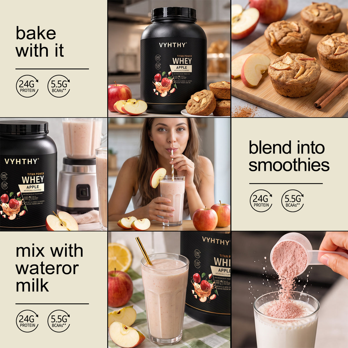 VYHTHY Titan Power Whey Protein Powder – Apple | 24g Protein, 5.5g BCAA, 11g EAA per Scoop | Whey Isolate Primary, Low Carb, No Added Sugar | 2 LB (30 Servings)