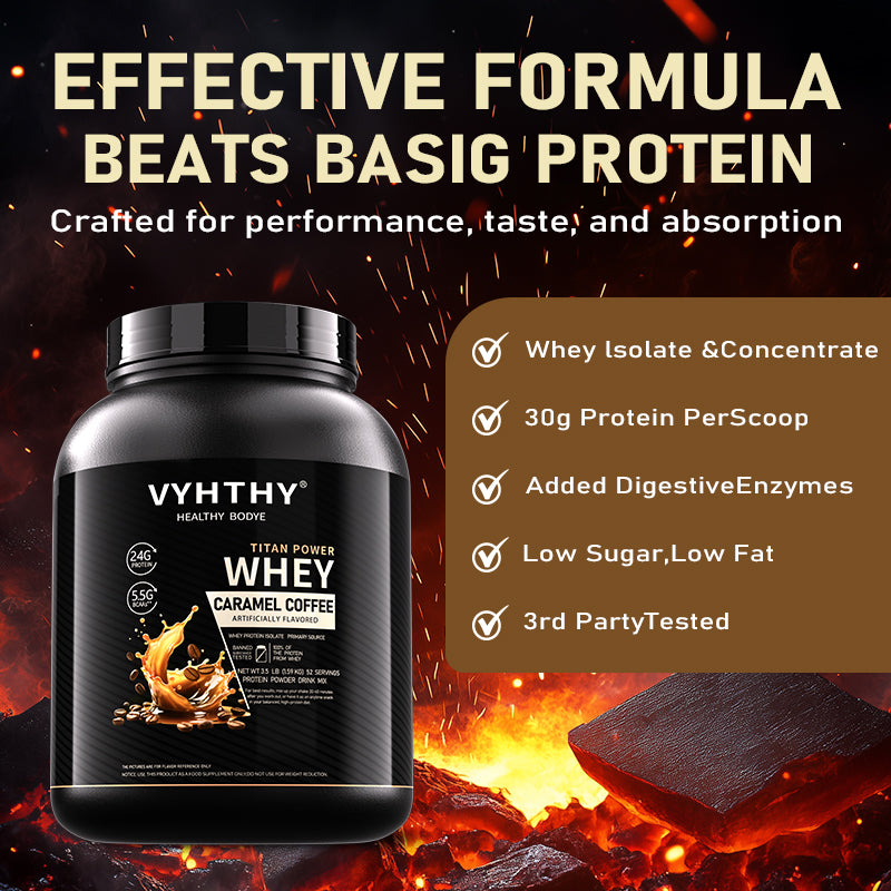 VYHTHY Caramel Coffee Flavored Whey Protein Powder - 24g Protein per Serving - Suitable for pre- and Post-Workout Supplementation - Low Lactose, Gluten-Free, Natural Flavor (56 oz) - 52 Servings