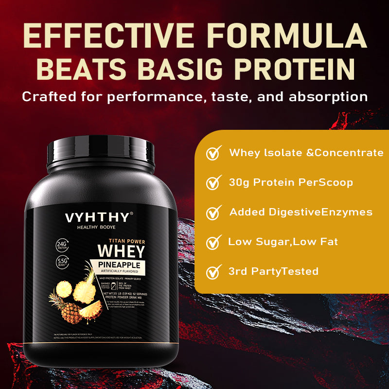 VYHTHY Pineapple Flavored Flavored Whey Protein Powder - 24g Protein per Serving - Suitable for pre- and Post-Workout Supplementation - Low Lactose, Gluten-Free, Natural Flavor (56 oz) - 52 Servings