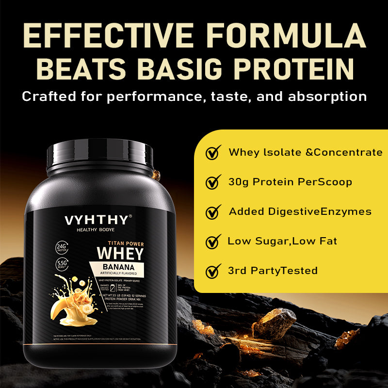 VYHTHY Banana Coffee Flavored Whey Protein Powder - 24g Protein per Serving - Suitable for pre- and Post-Workout Supplementation - Low Lactose, Gluten-Free, Natural Flavor (56 oz) - 52 Servings