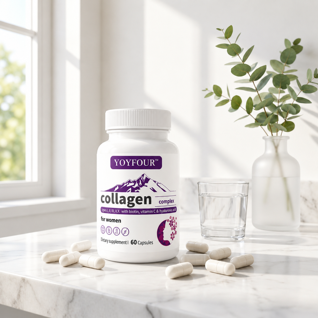 YOY Four Multi-Collagen Capsules for Women & Men – 60 Count | Type I, II, III, V, X Hydrolyzed Collagen Peptides with Biotin, Hyaluronic Acid & Vitamin C | Hair, Skin, Nails, and Joint Support