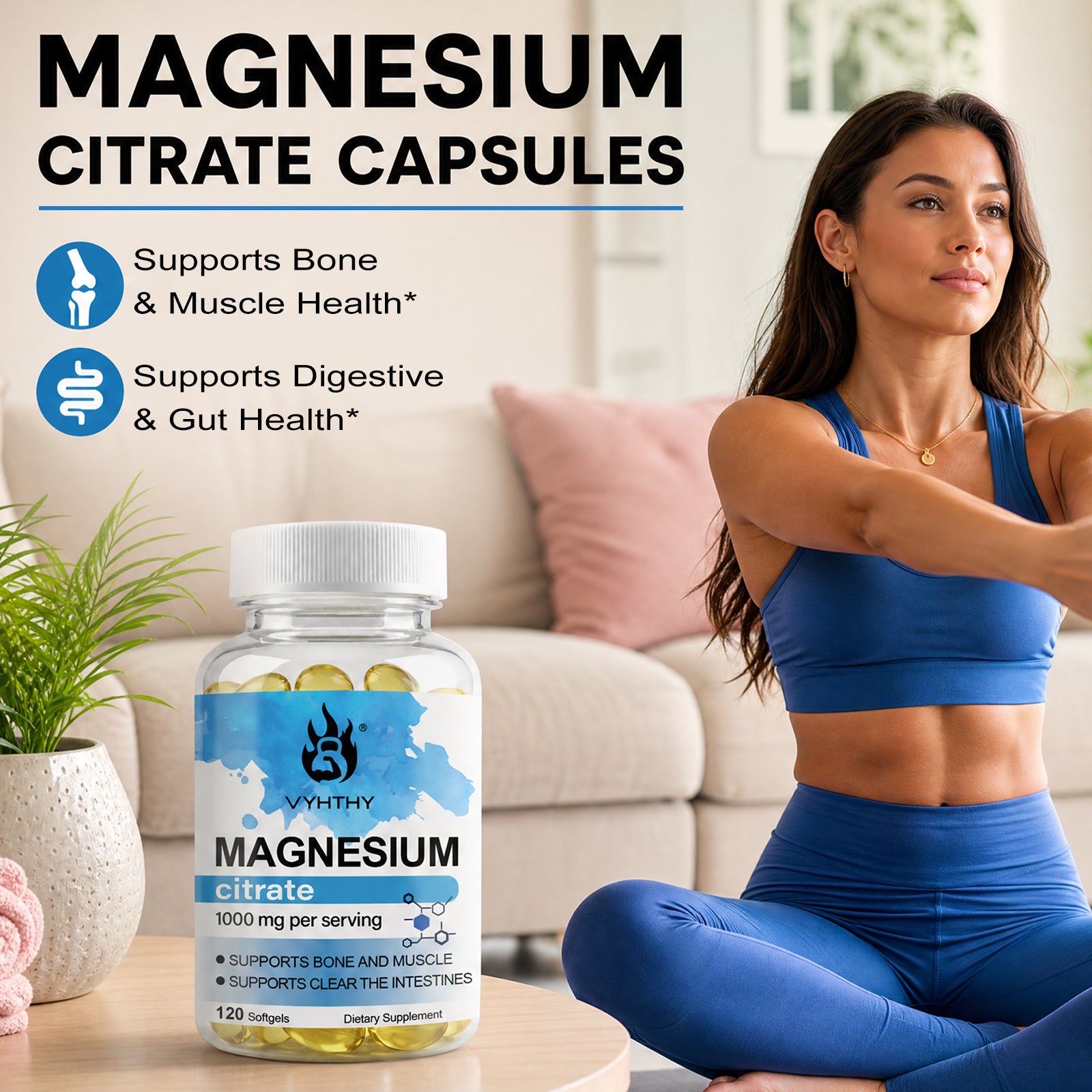 VYHTHY Magnesium Citrate Softgels, 1000mg Per Serving, Supports Bone Muscle Health, Digestive Gut & Intestinal Support, Energy Production & Night Wellness, 120 Softgels