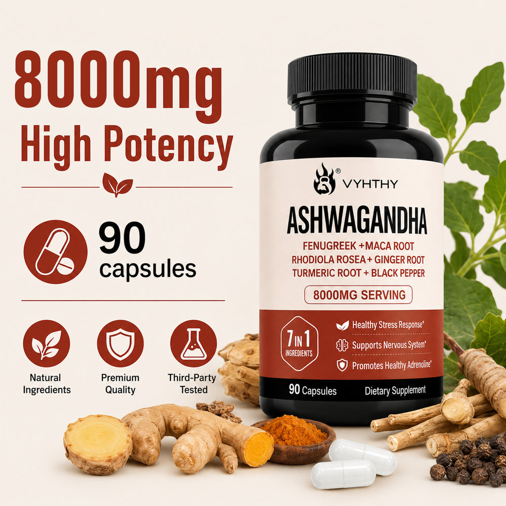 VYHTHY High Potency Ashwagandha Root Extract 7-in-1 Adaptogen Complex, Equivalent 8000MG Per Serving, Natural Stress Relief, Adrenal & Nervous System Support for Men & Women, 90 Vegetarian Capsules