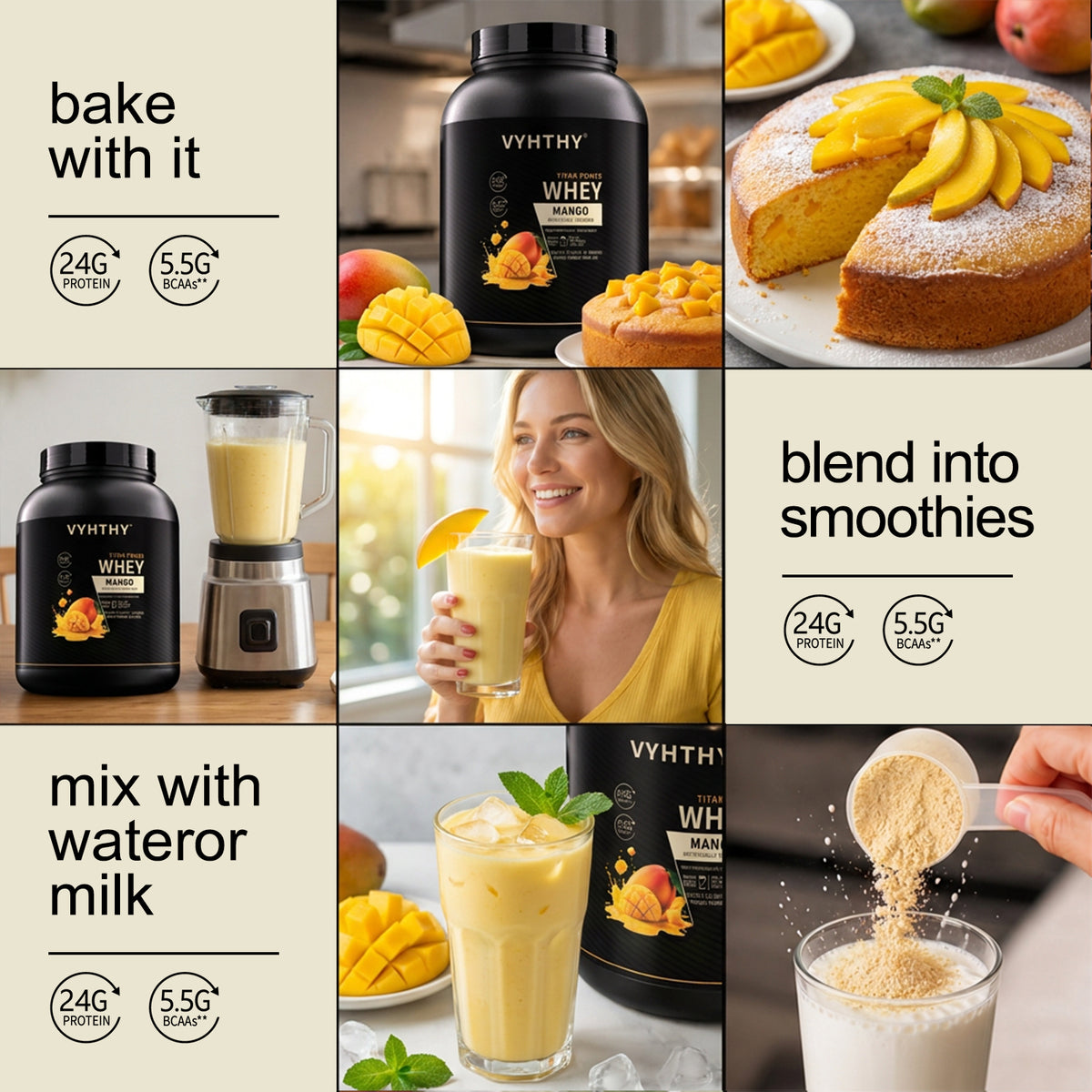 VYHTHY Titan Power Whey Protein Powder – Mango | 24g Protein, 5.5g BCAA, 11g EAA per Scoop | Whey Isolate Primary, Low Carb, No Added Sugar | 2 LB (30 Servings)