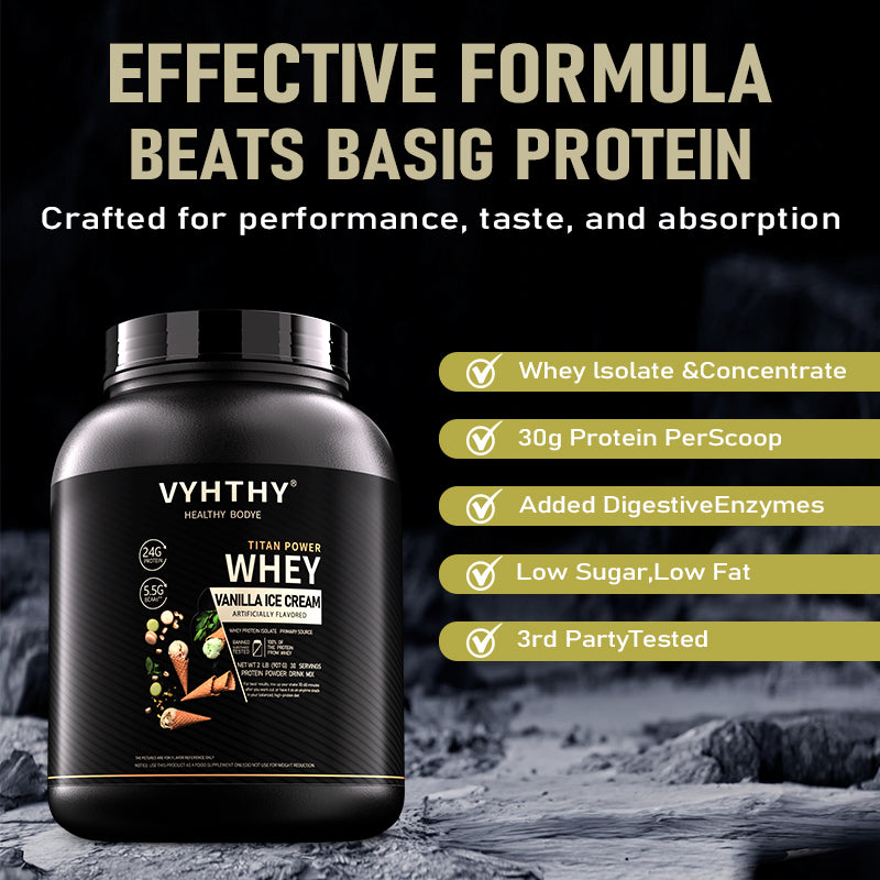 VYHTHY Vanilla Ice Cream Flavored Whey Protein Powder - 24g Protein per Serving - Suitable for pre- and Post-Workout Supplementation - Low Lactose, Gluten-Free, Natural Flavor (36 oz) - 30 Servings