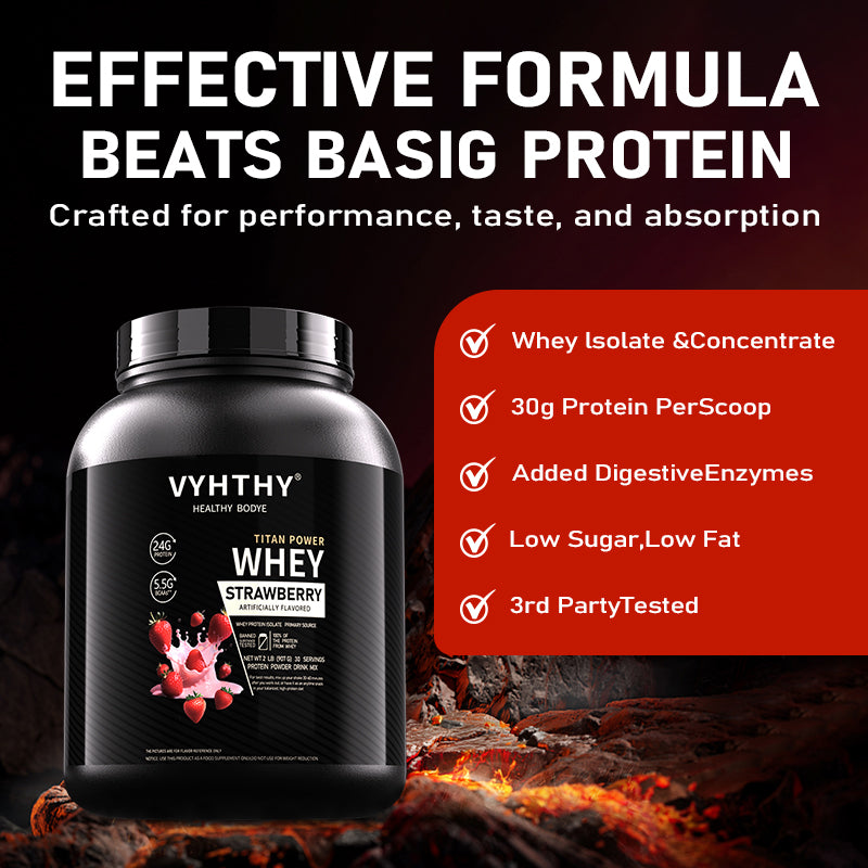 VYHTHY Strawberry Flavored Whey Protein Powder - 24g Protein per Serving - Suitable for pre- and Post-Workout Supplementation - Low Lactose, Gluten-Free, Natural Flavor (56 oz) - 52 Servings