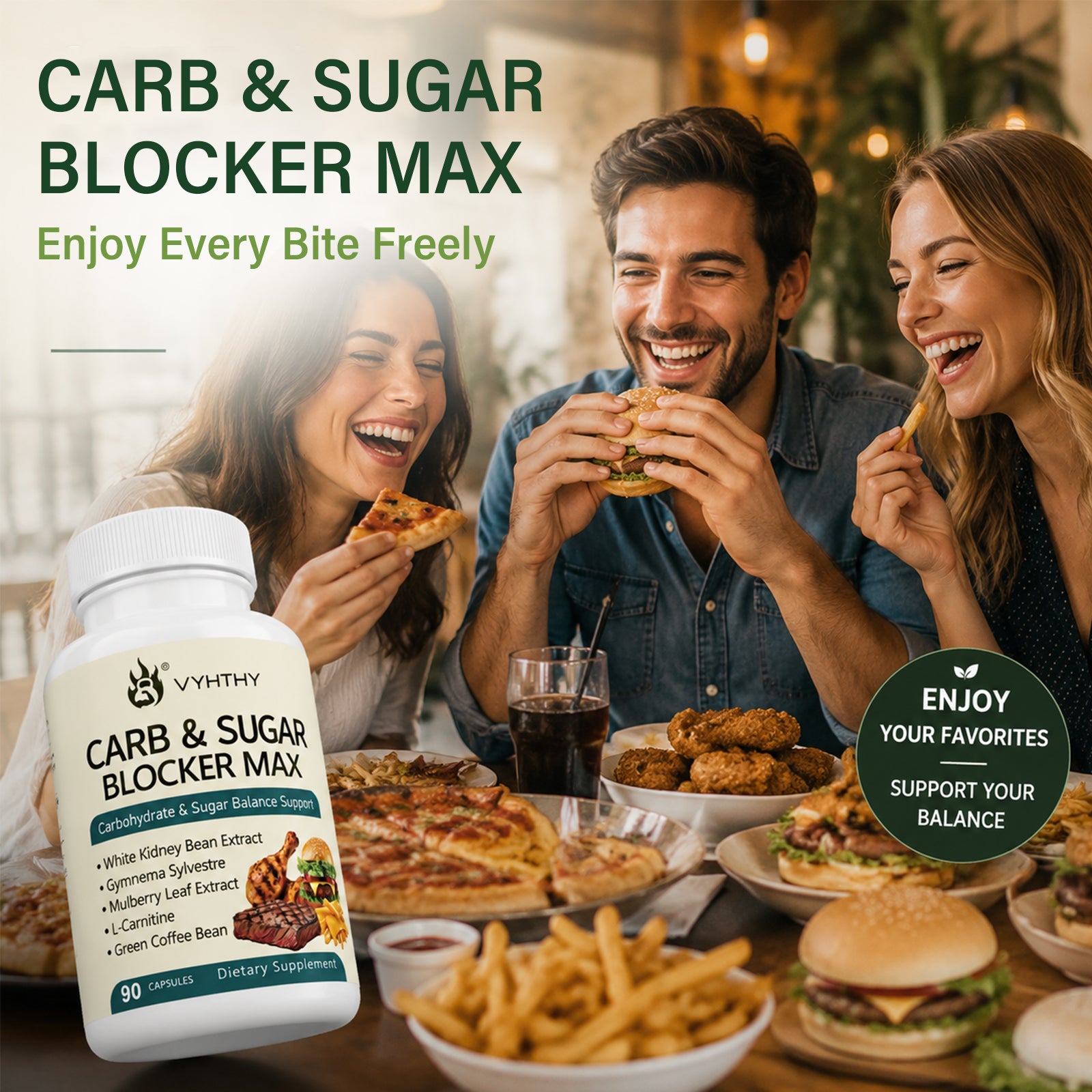 VYHTHY Carb & Sugar Blocker Max Capsules – White Kidney Bean Carb Blocker, Curb Sugar Cravings, Plant-Based Daily Wellness Support, 90 Veg Pills
