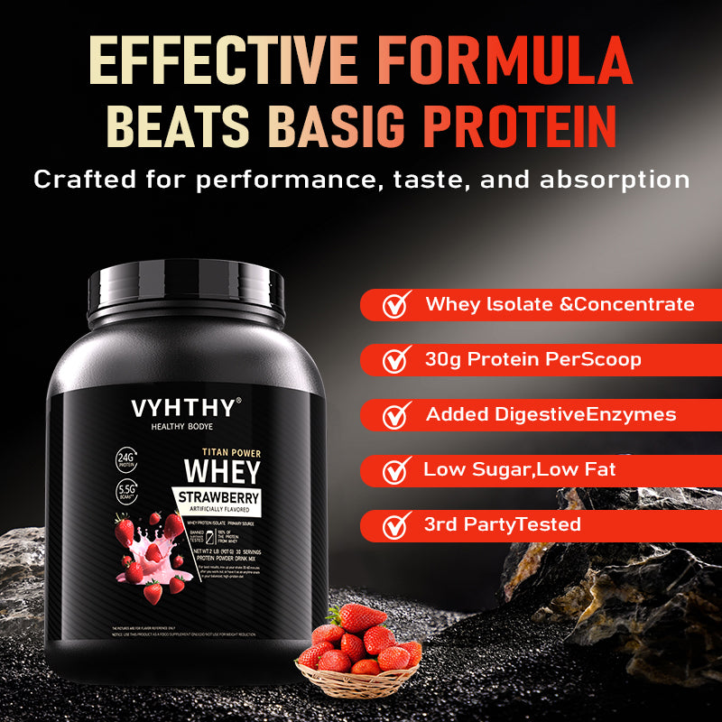 VYHTHY Strawberry Flavored Whey Protein Powder - 24g Protein per Serving - Suitable for pre- and Post-Workout Supplementation - Low Lactose, Gluten-Free, Natural Flavor (36 oz) - 30 Servings