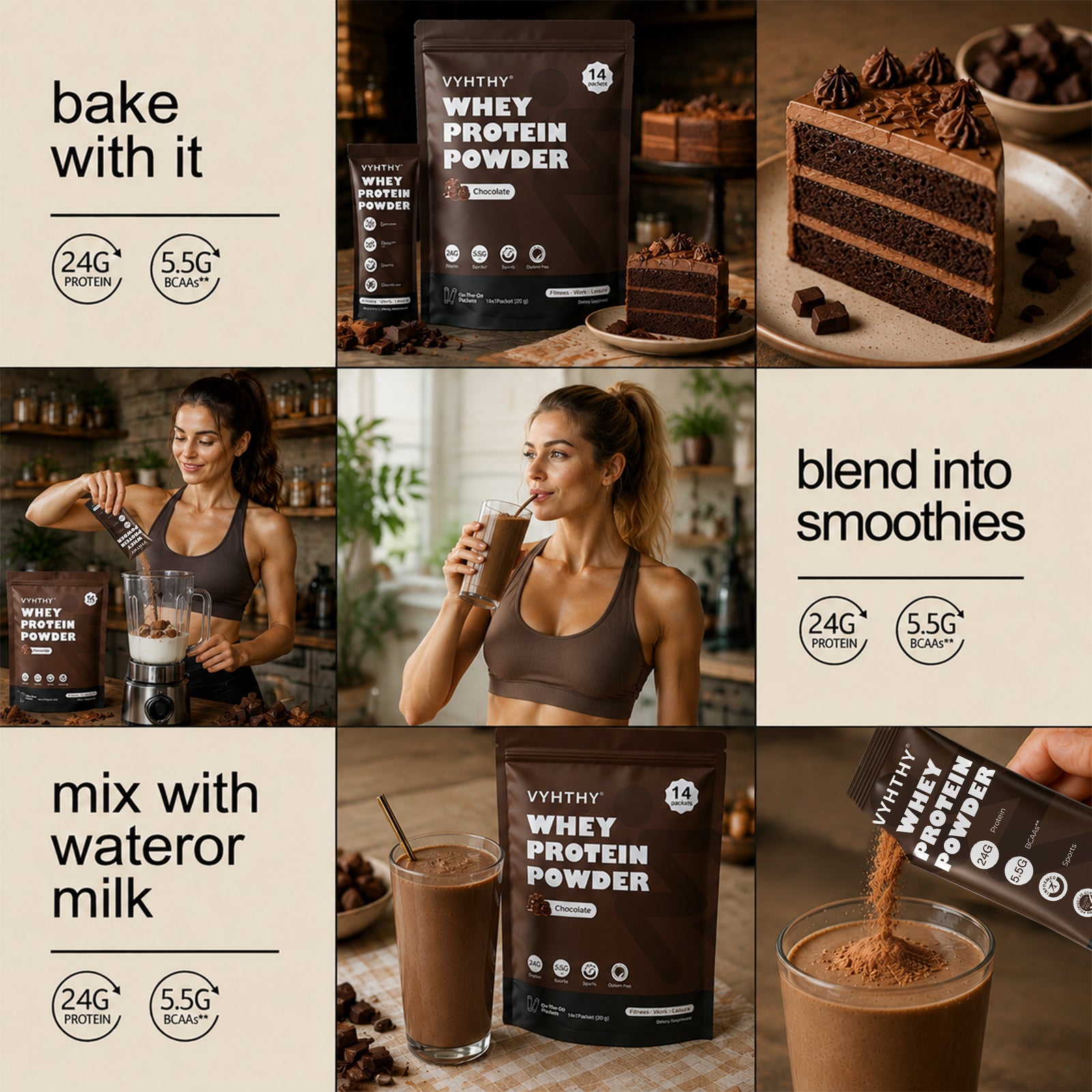 VYHTHY Chocolate Whey Protein Powder Single Serve Packets, 24g Protein & 5.5g BCAAs Per Packet, Zero Added Sugar Portable Post-Workout Muscle Recovery Supplement, 14 Individual Packets Per Bag