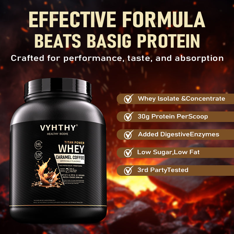 VYHTHY Caramel Coffee Flavored Whey Protein Powder - 24g Protein per Serving - Suitable for pre- and Post-Workout Supplementation - Low Lactose, Gluten-Free, Natural Flavor (36 oz) - 30 Servings