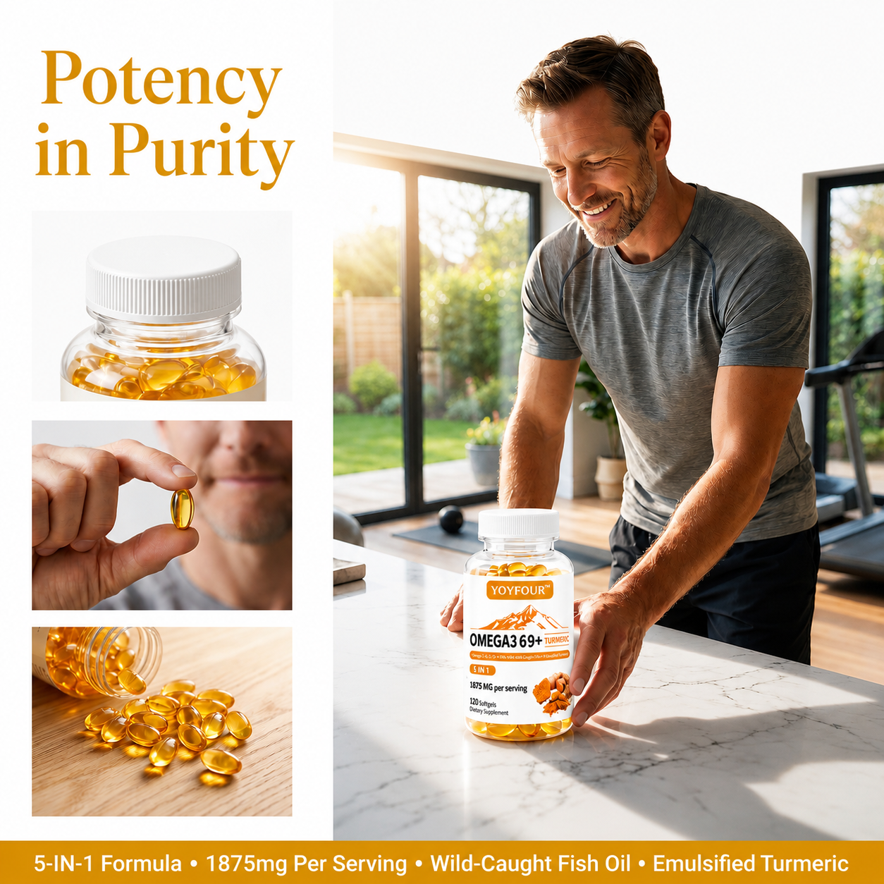 YOY Four  Dietary food supplements 120 Softgels, Triple Omega 3 6 9 Supplement with Turmeric, Curcumin, DHA & EPA, Fish Oil Supplement for Brain & Heart Health and Joint Support, Advanced Absorption