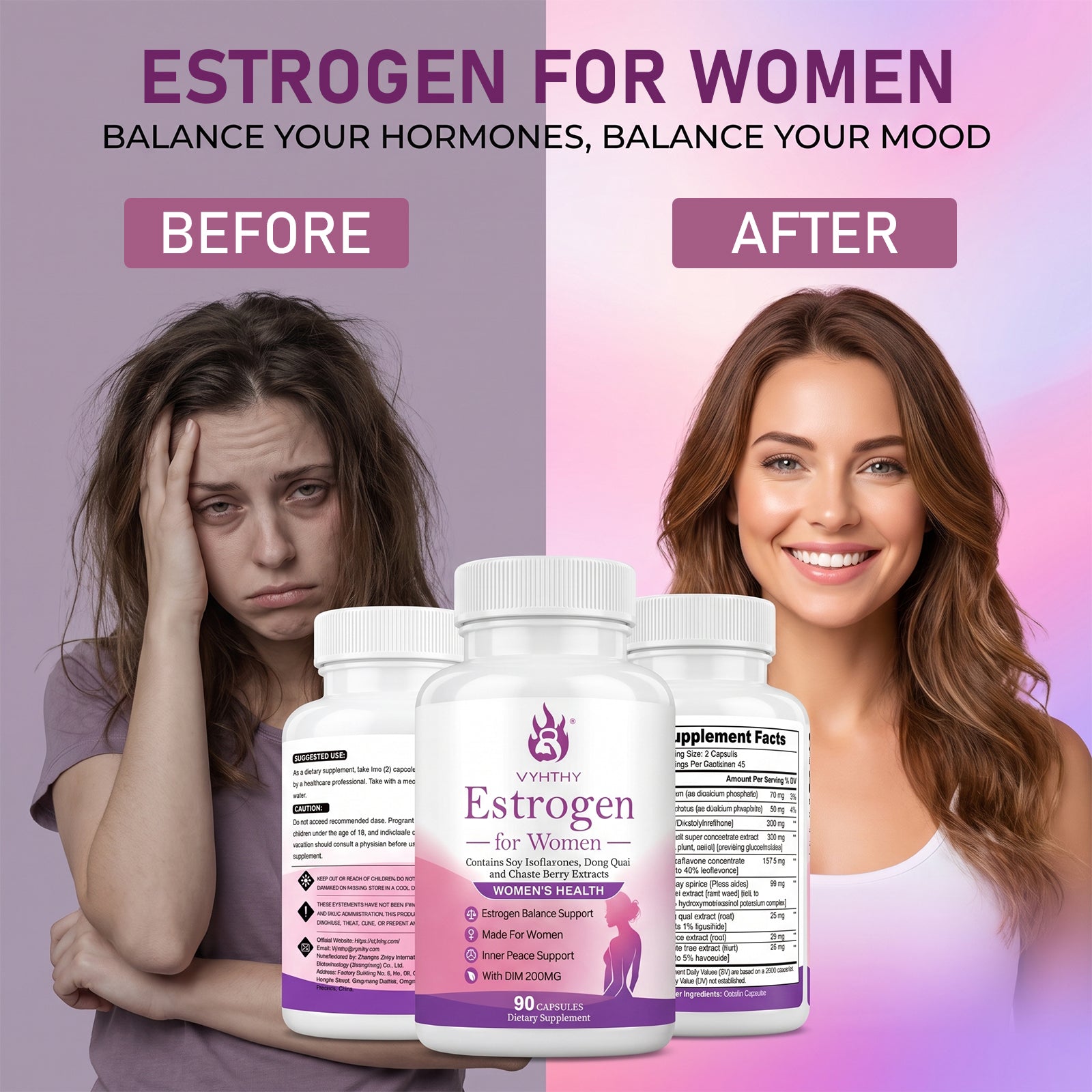 VYHTHY Natural Hormone Balance Estrogen Supplement for Women Over 40 | 200MG DIM Complex with Soy Isoflavones, Dong Quai, Chaste Berry & Norway Spruce, Support Menopause Comfort, Stable Mood & Daily Vitality, 90 Vegetarian Capsules