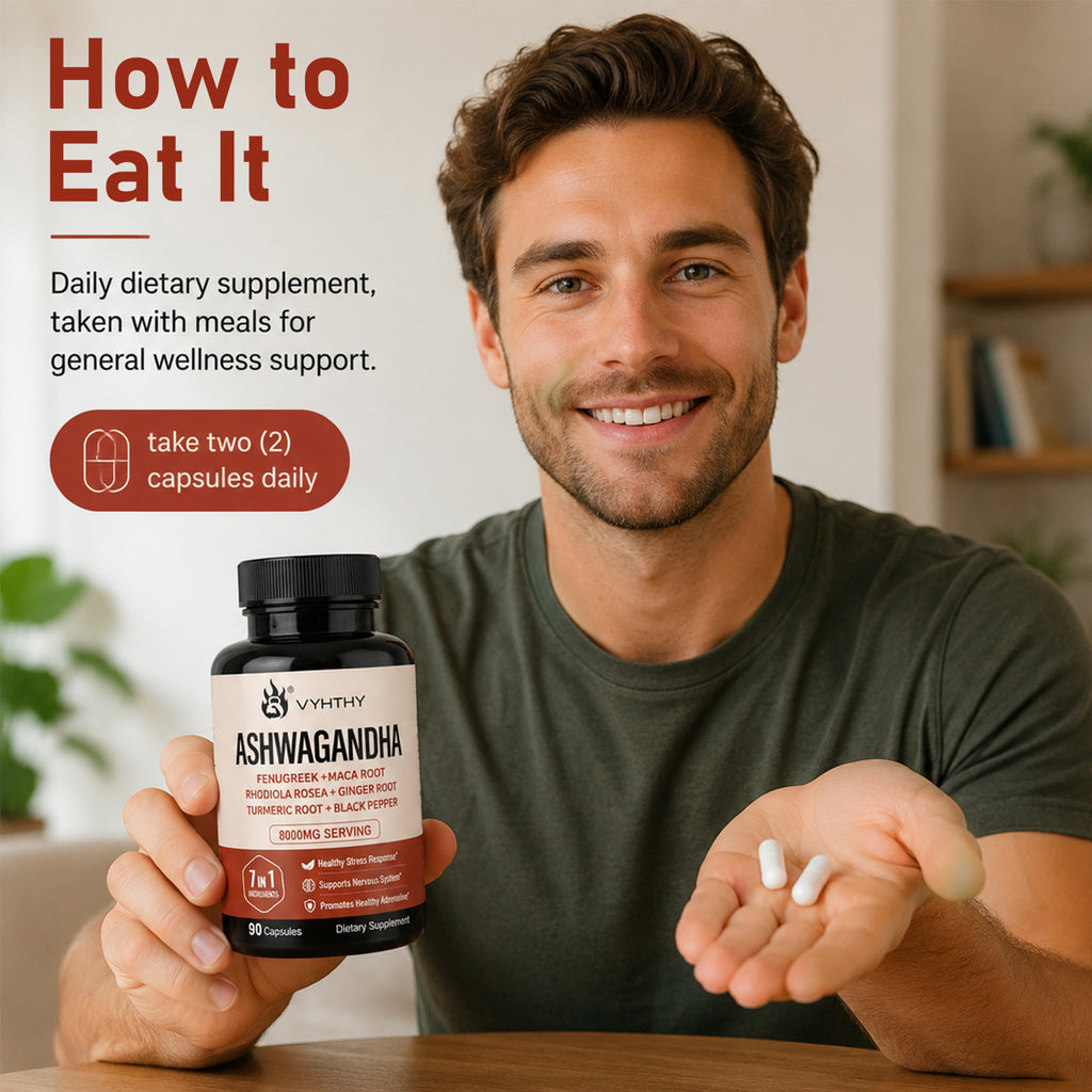VYHTHY High Potency Ashwagandha Root Extract 7-in-1 Adaptogen Complex, Equivalent 8000MG Per Serving, Natural Stress Relief, Adrenal & Nervous System Support for Men & Women, 90 Vegetarian Capsules