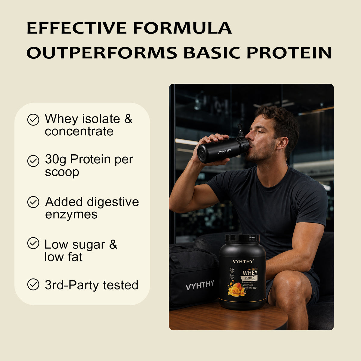 VYHTHY Titan Power Whey Protein Powder – Mango | 24g Protein, 5.5g BCAA, 11g EAA per Scoop | Whey Isolate Primary, Low Carb, No Added Sugar | 2 LB (30 Servings)