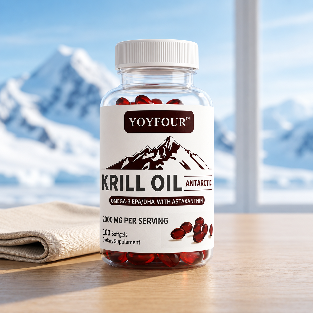 YOY Four Antarctic Krill Oil Softgels 2000mg, Omega-3 EPA DHA with Astaxanthin & Phospholipids, Supports Heart Brain Joint Immune Health for Men Women, 100 Count Dietary Supplement