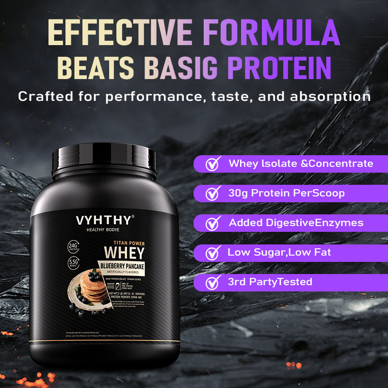 VYHTHY Blueberry Pancake Flavored Whey Protein Powder - 24g Protein per Serving - Suitable for pre- and Post-Workout Supplementation - Low Lactose, Gluten-Free, Natural Flavor (36 oz) - 30 Servings