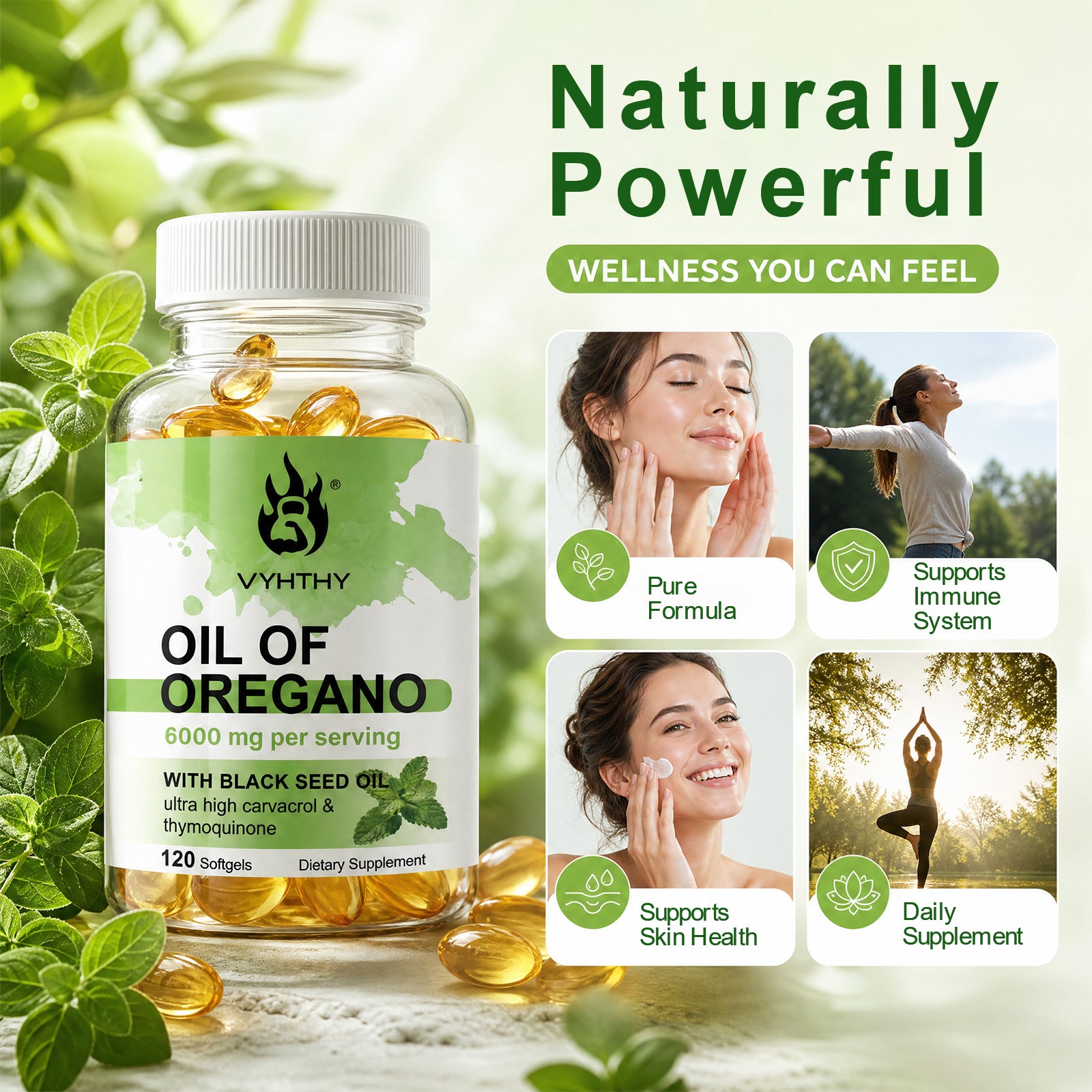 VYHTHY Oil of Oregano Softgels 6000mg Per Serving with 200mg Black Seed Oil, 20:1 High Extract with Carvacrol & Thymoquinone, Supports Immune & Skin Health, 120 Softgels