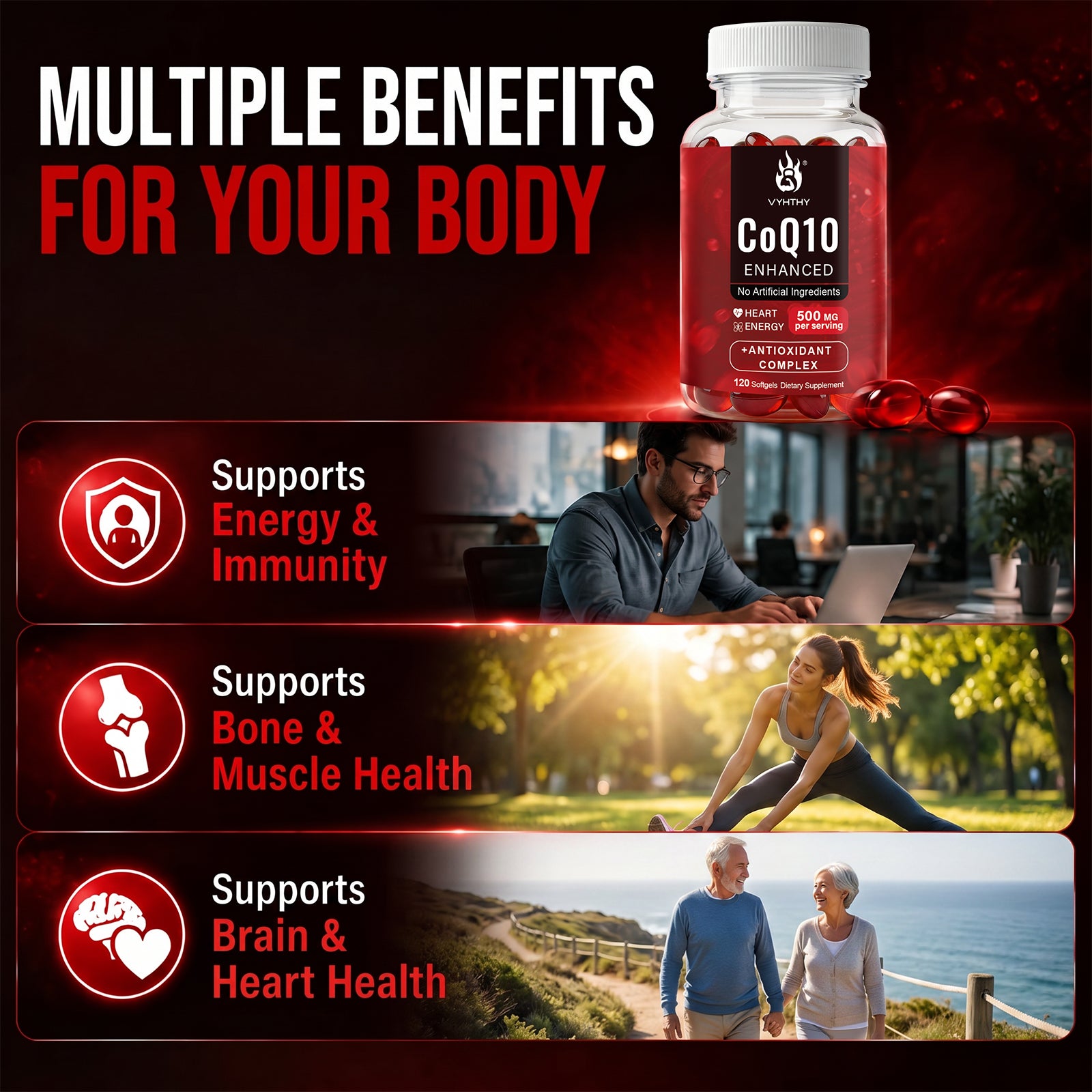 VYHTHY High Absorption Ubiquinone CoQ10 500mg Complex Supplement with Bergamot, Trans-Resveratrol, Turmeric Extract | GMP Certified Heart & Cellular Energy Support, 120 Softgels No Artificial Ingredients