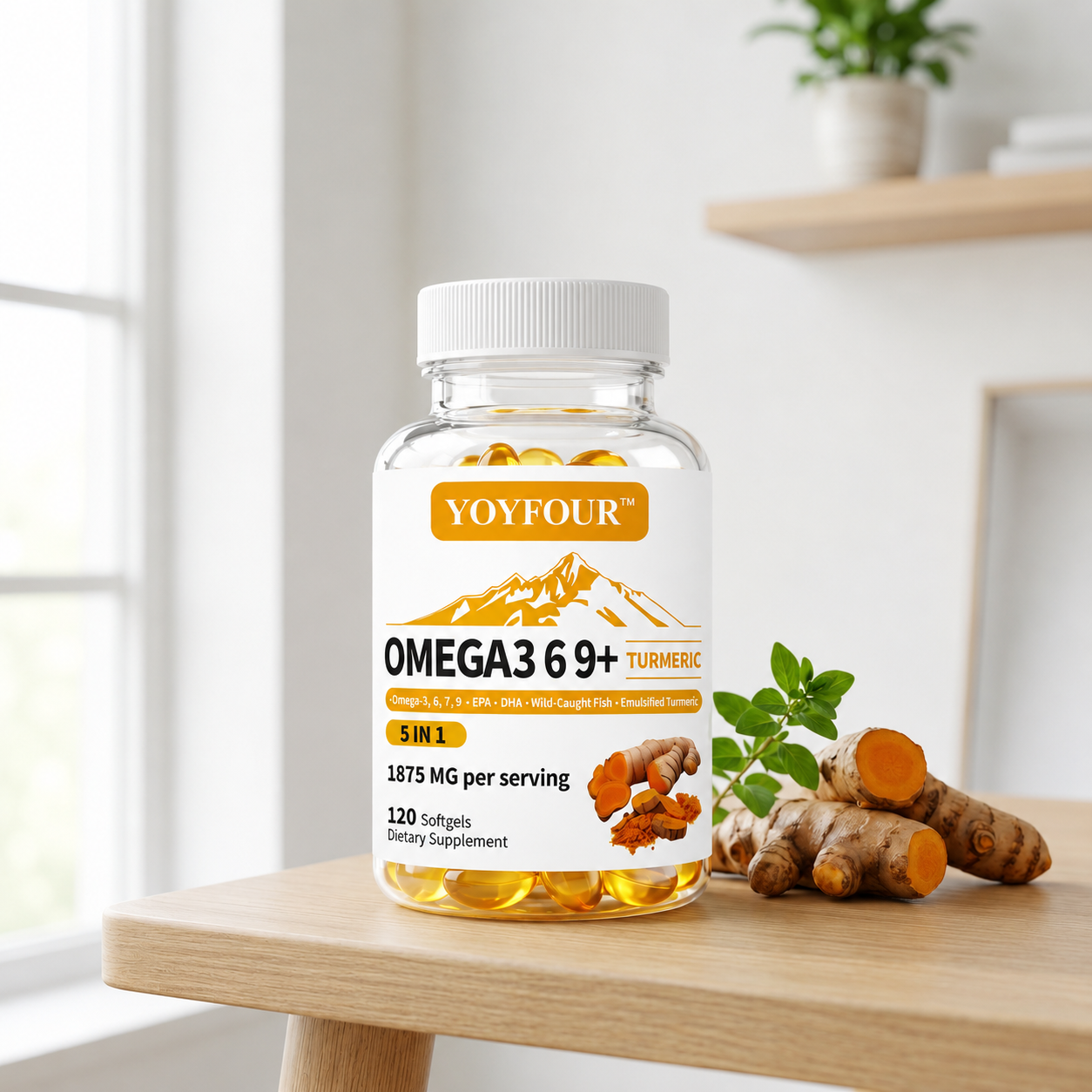 YOY Four  Dietary food supplements 120 Softgels, Triple Omega 3 6 9 Supplement with Turmeric, Curcumin, DHA & EPA, Fish Oil Supplement for Brain & Heart Health and Joint Support, Advanced Absorption
