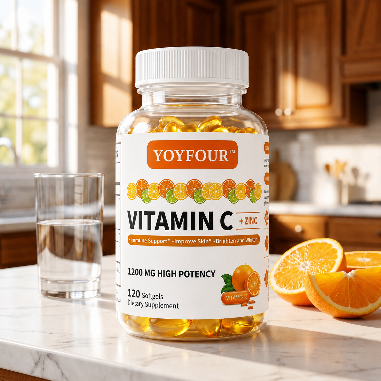 YOY Four Vitamin C with Zinc Supplement Softgels, 1200mg Vitamin C & 20mg Zinc Per Serving, Immune Support & Antioxidant Health, 120 Softgels