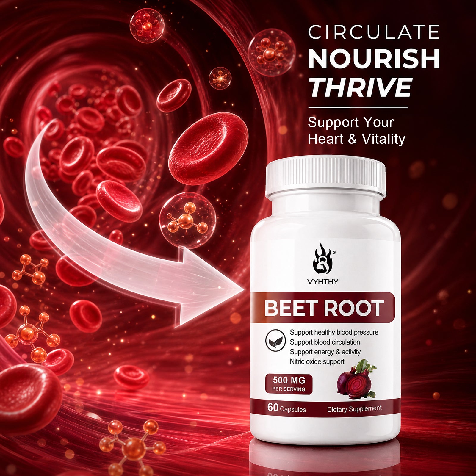 VYHTHY Beet Root Capsules 500mg Per Serving with Hawthorn Berry & L-Citrulline, Nitric Oxide Supplement for Healthy Blood Pressure, Blood Circulation & Natural Energy Support, 60 Capsules