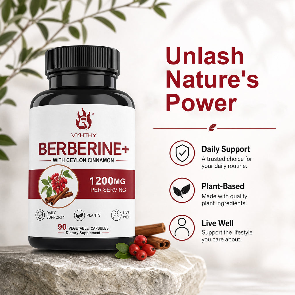 VYHTHY High Potency Berberine HCl 1200mg Complex with True Ceylon Cinnamon Extract, Natural Support for Gut Health, Microbial Balance & Cognitive Function, Easy-Swallow Vegetarian Capsules 90 Count