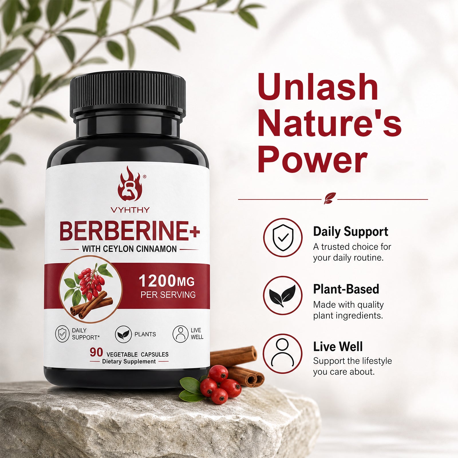 VYHTHY High Potency Berberine HCl 1200mg Complex with True Ceylon Cinnamon Extract, Natural Support for Gut Health, Microbial Balance & Cognitive Function, Easy-Swallow Vegetarian Capsules 90 Count