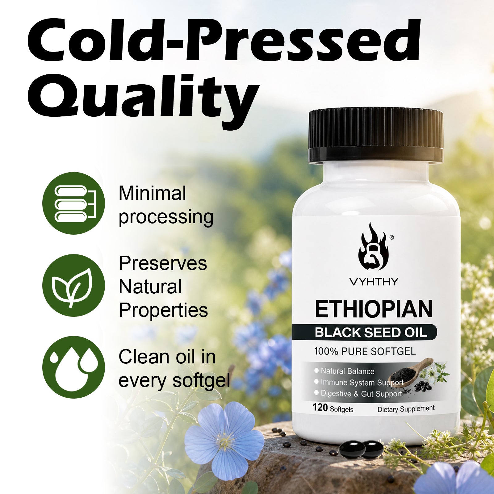 VYHTHY Ethiopian Black Seed Oil Softgels, Cold Pressed 100% Pure Nigella Sativa Supplement, Support Immune, Digestive Gut Health, Healthy Hair Skin & Nails, Non-GMO Gluten Free, 120 Softgels