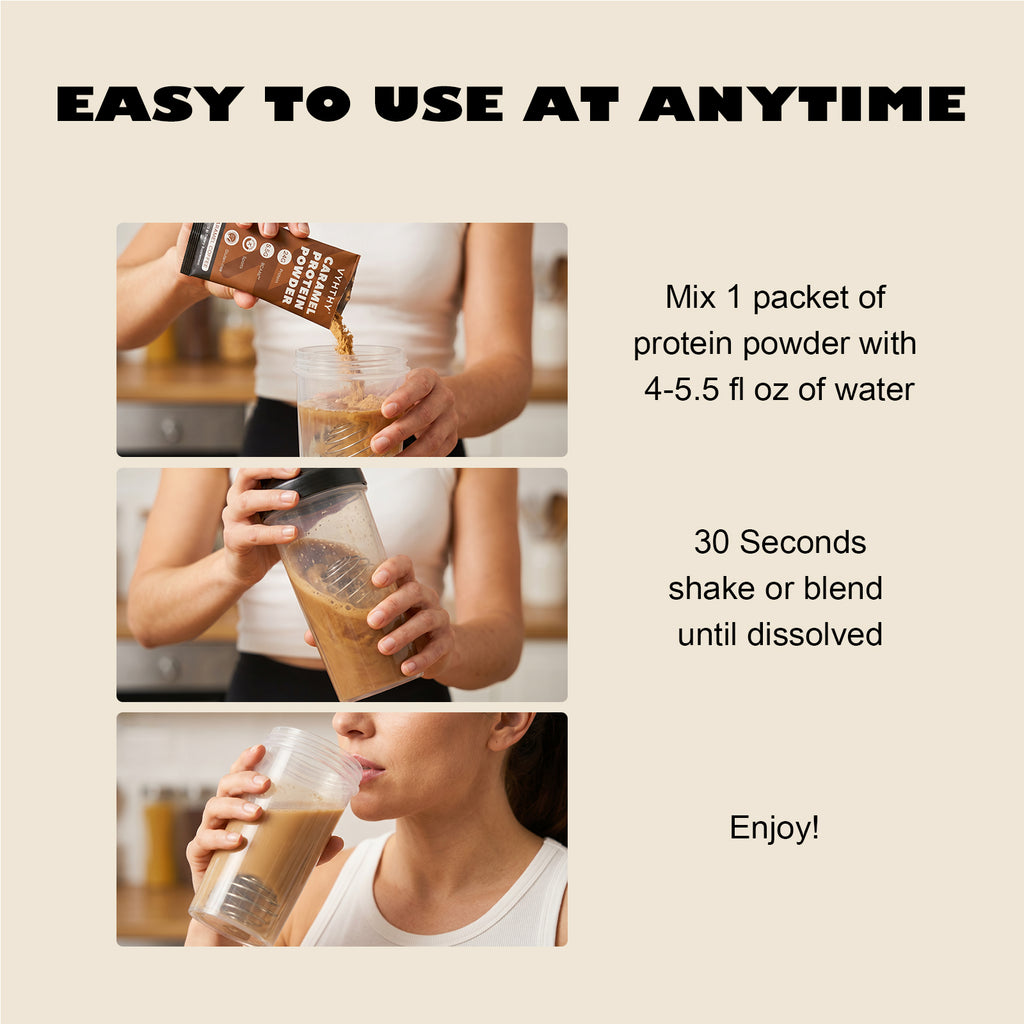 VYHTHY Caramel Coffee Whey Protein Powder Single Serve Packets, 24g Protein & 5.5g BCAAs Per Packet, Zero Added Sugar Portable Post-Workout Muscle Recovery Supplement, 14 Individual Packets Per Bag