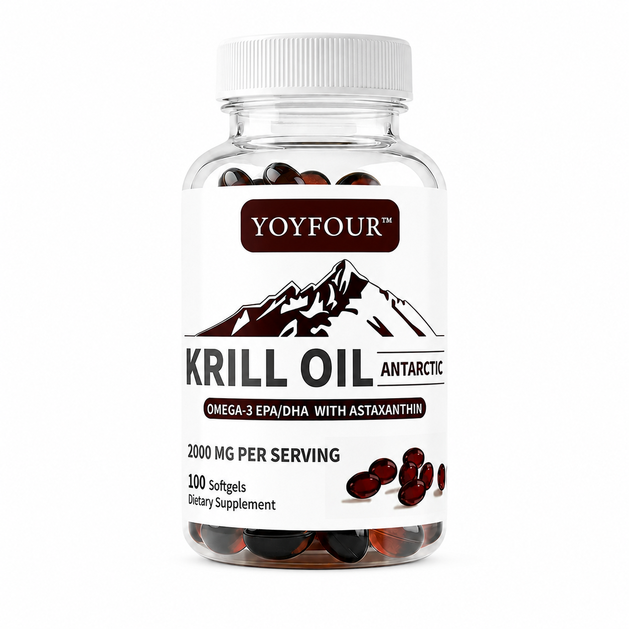 YOY Four Antarctic Krill Oil Softgels 2000mg, Omega-3 EPA DHA with Astaxanthin & Phospholipids, Supports Heart Brain Joint Immune Health for Men Women, 100 Count Dietary Supplement