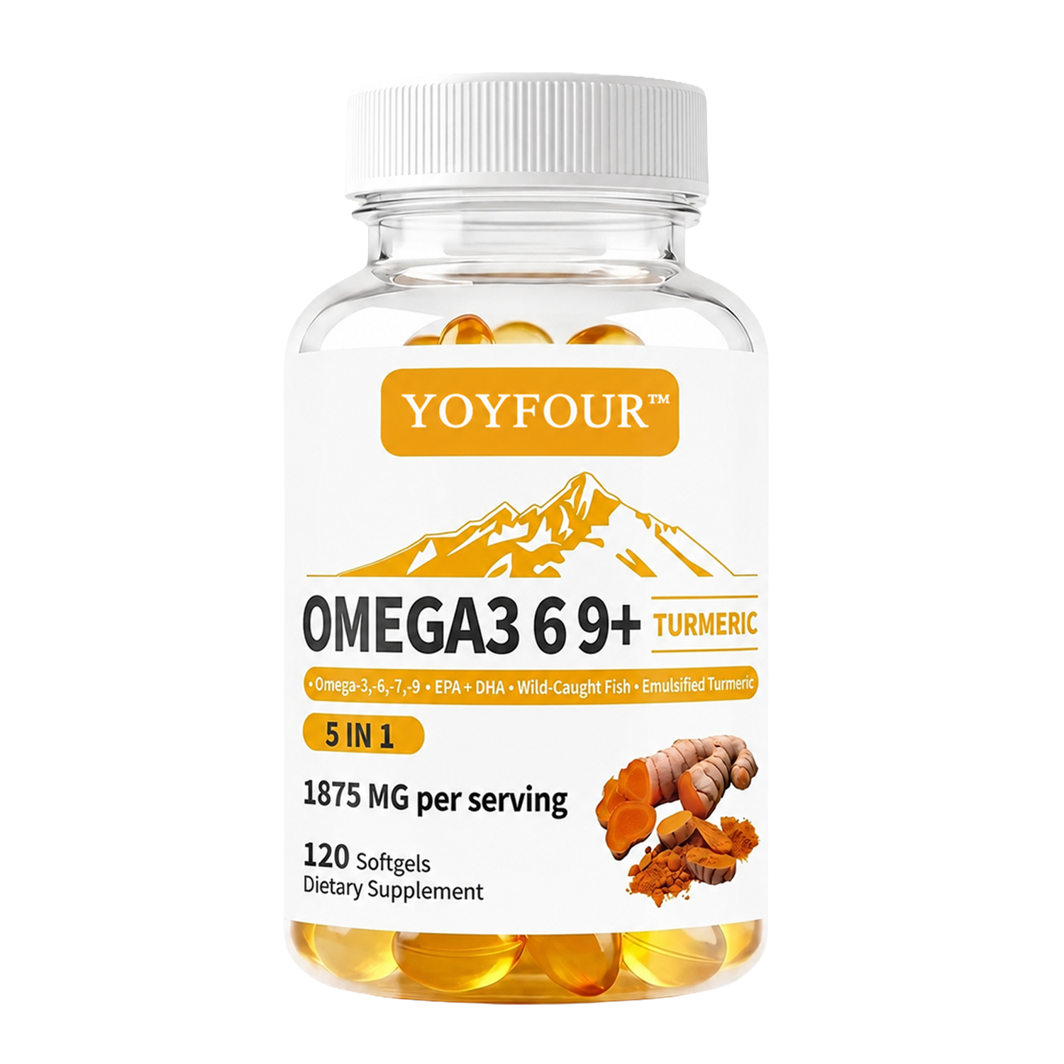YOY Four  Dietary food supplements 120 Softgels, Triple Omega 3 6 9 Supplement with Turmeric, Curcumin, DHA & EPA, Fish Oil Supplement for Brain & Heart Health and Joint Support, Advanced Absorption